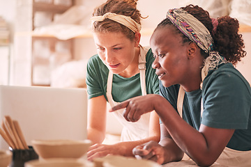 Image showing Ceramic store, laptop and pottery women pointing at retail website, online shopping service or ecommerce. Workshop, diversity studio or startup small business owner working on digital sculpture order