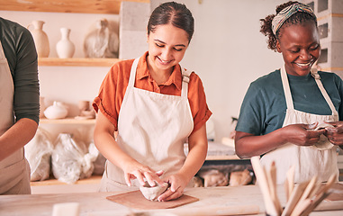 Image showing Pottery class, group workshop or happy people design sculpture mold, clay manufacturing or art product. Diversity, ceramic retail store or startup small business owner, artist or studio women molding