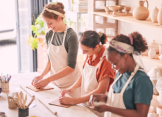 Image showing Happy, pottery and people in row working together for creative process, production and productivity. Happiness, passion and talent of interracial colleagues in artistic workspace with smile.