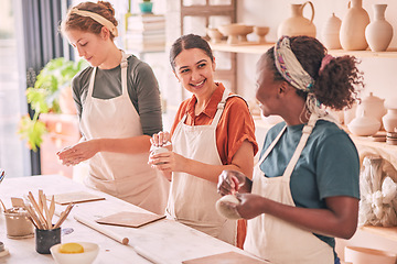 Image showing Pottery class, group workshop or happy woman design sculpture mold, clay manufacturing or art product. Diversity, ceramic retail store or startup small business owner, artist or studio people molding