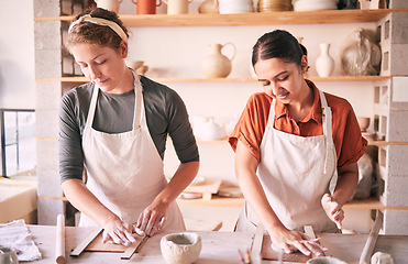 Image showing Pottery, art and women in workshop class for molding clay, working on artistic bowl or ceramic. Creative, ceramics manufacturing or females in studio, startup or small business for designing crockery