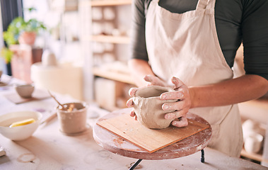 Image showing Pottery bowl, hands and woman mold sculpture design, creative manufacturing process or art product. Ceramic store, startup small business owner or woman working on clay handcraft in studio workshop