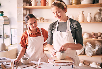 Image showing Pottery class, workshop or women teaching sculpture design, clay manufacturing or art product. Creative mold, ceramic retail store and startup small business owner, artist or people working in studio