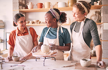 Image showing Pottery class, team workshop or women design sculpture mold, clay manufacturing or art product. Diversity, ceramic retail store or startup small business owner, artist or girl group working in studio