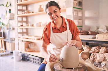 Image showing Pottery wheel, workshop portrait and happy woman design sculpture mold, studio manufacturing or art product. Creative, vase molding or startup small business owner, artist or person in ceramic store