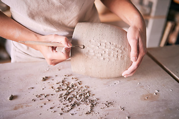 Image showing Workshop, hands or woman carving pottery, creative sculpture design or mold manufacturing process. Ceramic clay store, startup small business owner or artist working on handmade art product in studio