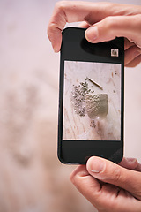 Image showing Phone, art and hands take creative photograph or picture of a clay craft at a workshop for social media update. Artist, Proud and artistic person taking a photo creation with mobile camera