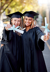 Image showing Graduation, education and portrait of friends with degree for academic success at university campus. Certificate, achievement and happy young women students with college diploma or scroll to graduate