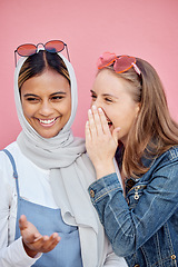 Image showing Secret, happy and talking friends in the city, sharing gossip and listening to a story in Morocco. Smile, conversation and women in communication, whispering and speaking about a joke on a backdrop