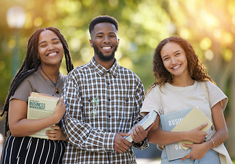 Image showing University students, friends and group portrait at park outdoors ready to start learning business management. Scholarship books, education and happy people, man and women standing together at college