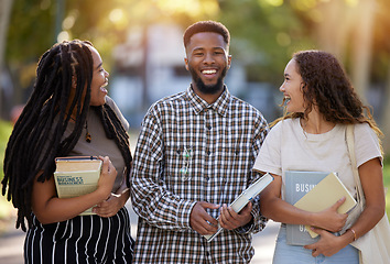 Image showing Friends, university students and group portrait at park outdoors ready to start learning business management. Scholarship books, comic and happy people, black man and women laughing at college meme.