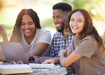 Image showing Friends, students and group studying with laptop at park outdoors. Education scholarship, learning portrait and happy people, black man and women with computer for research at university or college.