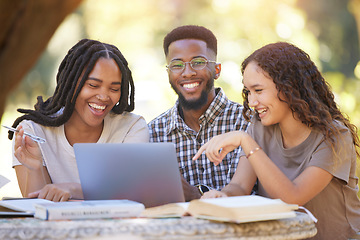 Image showing Students, friends and group with laptop laughing at funny meme. Education scholarship, comic portrait and happy people, black man and women with computer laugh at joke, humor or crazy comedy at park.