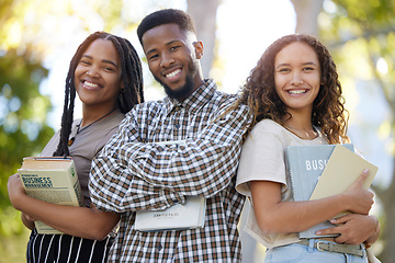 Image showing University students, group and friends portrait at park outdoors ready to start learning business management. Scholarship books, education and happy people, man and women standing together at college