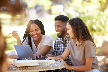 Image showing Students, friends and group studying with laptop at park outdoors. Education scholarship, learning teamwork and happy people, black man and women with computer for research at university or college.