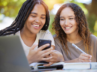 Image showing Students, women and friends with phone at park laughing at funny meme. University scholarship, comic and happy girls or females with mobile smartphone laugh at joke or crazy comedy on social media.