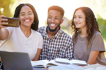 Image showing Friends, students and group selfie at park while studying together. University scholarship, photography and people, man and women taking pictures or photo for social media or happy memory outdoors.