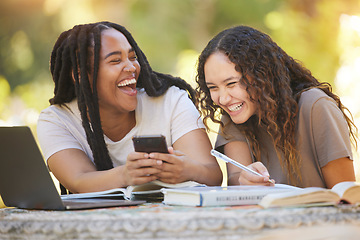 Image showing Students, friends and women with phone at park laughing at funny meme. University scholarship, comic and happy girls or females with mobile smartphone laugh at joke or crazy comedy on social media.