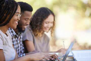 Image showing Laptop, friends and study row in park with black people typing and writing notes for academic exam preparation. Young, happy and gen z college students with books for research together.