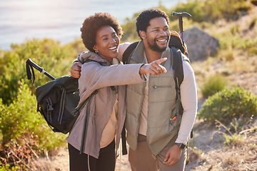 Image showing Mountain, happy or black couple love hiking in nature for exercise, workout or training on summer holiday. Travel, woman and African partner pointing, trekking or walking to hill on outdoor adventure