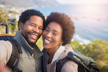 Image showing Nature, romance and selfie, couple hiking on mountain for fitness, fun and romantic walk in natural landscape in Hawaii. Love, man and woman talking self portrait with smile in mountains on island.