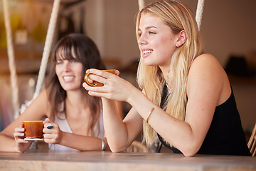 Image showing Relax, friends and coffee with women in cafe for happiness, social and lunch break. Summer, reunion and bonding with girl and cup of tea at table in restaurant for support, smile and communication