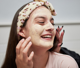 Image showing Sleepover, face mask and skincare of a young woman happy about facial and wellness in a bedroom. Friends, lotion and dermatology treatment of youth together having fun doing skin care for glow