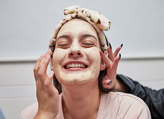 Image showing Facial, spa and skincare by a woman with a face mask for beauty treatment as self care by beautician. Wellness, peeling and cosmetic salon for a happy female cleaning her skin for a smooth glow