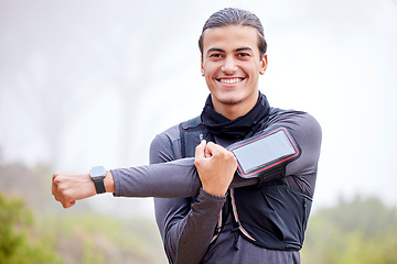 Image showing Fitness, stretching and man in portrait with nature mockup for training, workout or running wellness and muscle health. Happy athlete with warm up for outdoor, park or forest sports, hiking or cardio