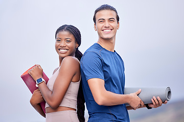 Image showing Yoga, couple and holding mat outdoor with smile, teamwork and fitness goals for health, relax and peace. Black woman, man and happiness for exercise, training and mindfulness in nature for wellness