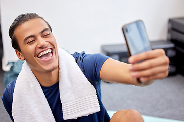Image showing Fitness, man and laugh for selfie, social media or profile picture with towel after workout exercise or training at gym. Happy sporty male vlogger or influencer laughing in happiness for vlog post