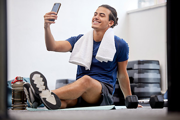 Image showing Fitness, happy man and selfie for social media or profile picture with towel after workout exercise or training at gym. Sporty male vlogger or influencer with smile in happiness for online vlog post