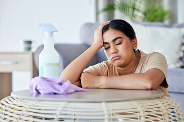 Image showing Cleaning, burnout and bored with a woman in the living room of her home for hygiene or housework. Depression, tired and housekeeping with a frustrated female cleaner in an apartment domestic work