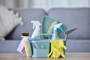 Image showing Cleaner basket, product and cloth with brush, gloves and spray bottle for health, safety and stop bacteria in home. Spring cleaning tools, chemical liquid and fabric on table with service