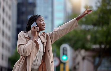 Image showing Travel, phone call and black woman with hand for taxi, cab and signal transport service in New York city street. Urban commute, business and girl on smartphone for network, communication and journey