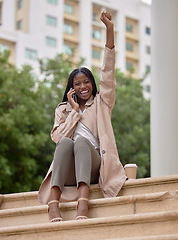 Image showing Excited woman, celebration and phone call portrait in city for success, deal or promotion opportunity. Black person happy about winning prize, bonus or business competition while outdoor on stairs