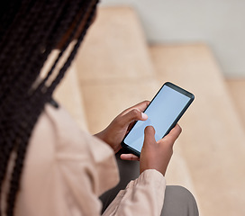 Image showing Smartphone, screen and mockup with woman hands or student for social media, online networking and mobile app. Digital typing, 5g technology and person on college stairs for internet, website or chat