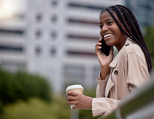 Image showing Travel, business phone call and black woman in city for communication, networking and b2b planning. Corporate work, urban commute and girl entrepreneur walking, talking and discuss strategy outdoors