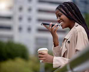 Image showing Business, phone call and black woman in city for networking, communication and in conversation. Corporate worker, travel commute and girl recording voice note, walking and talking in New York street