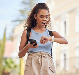 Image showing Shocked, time and watch of woman student with schedule, time management or late application for university. Exam deadline, date and college person on smartphone, digital clock for stress and anxiety