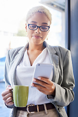 Image showing Business, coffee and black woman with smartphone, fintech and typing for social media, communication and office. Jamaican female employee, entrepreneur and leader with cellphone, text and connection