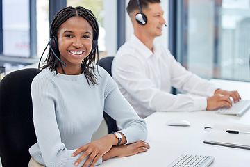 Image showing Woman portrait, call center and customer service at office while consulting online for CRM or contact us. Happy team at help desk for telemarketing, sales support and communication with a smile