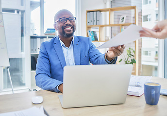 Image showing Paper, black man and business computer with accounting worker getting tax return contract. Documents, agenda and finance stock market research of a employee happy about data analytics paperwork