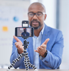 Image showing Business webinar, smartphone and black man talking for coaching, teaching and online workshop. Communication, network and entrepreneur influencer record seminar for success, strategy and leadership