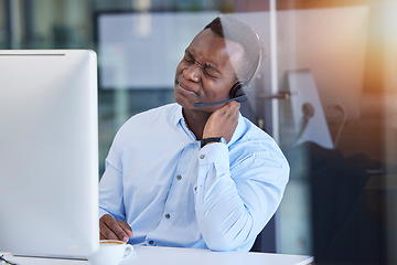 Image showing Tired, neck pain and call center with businessman at computer for headache, stress and mental health. Telemarketing, customer support and contact us with employee with burnout, anxiety and overworked