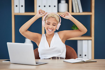 Image showing Happy, dance and woman with music from a laptop, listening to the radio and audio in an office. Podcast, playful and dancing employee streaming a sound playlist on a pc with a smile while working