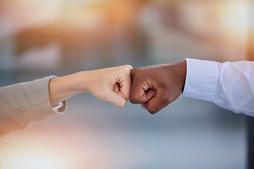 Image showing Hands fist bump, support and diversity for business people with goals, motivation and inspiration by blurred background. Closeup, hand touch and solidarity with team building, trust and partnership