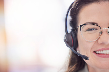 Image showing Woman, smile and telemarketing call center office for customer service, crm support and consulting employee happiness. Contact us, online communication and happy consultant agent face for mockup