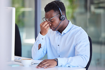 Image showing Tired, headache and call center with businessman at computer for frustrated, stress and mental health. Telemarketing, customer support and contact us with employee with burnout, anxiety or overworked