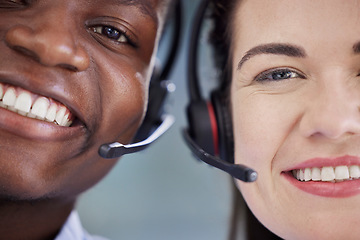 Image showing Black man, woman and call center in closeup, smile and portrait for teamwork, help and customer service. Crm expert faces, telemarketing team or consulting support with diversity, vision and pride